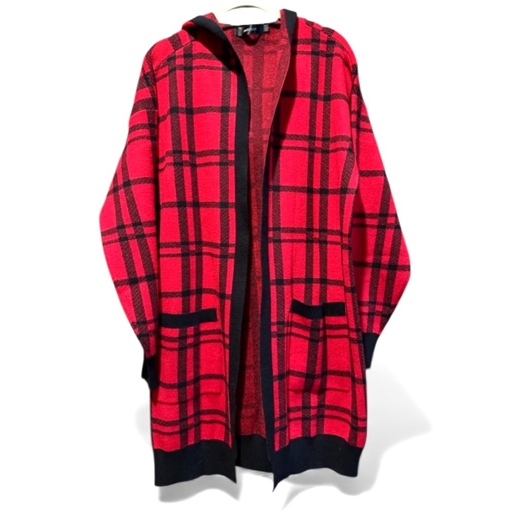 Fashion Open Front Long Red Sweater with Hood Size Large